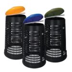 Three perforated bins with coloured lids
