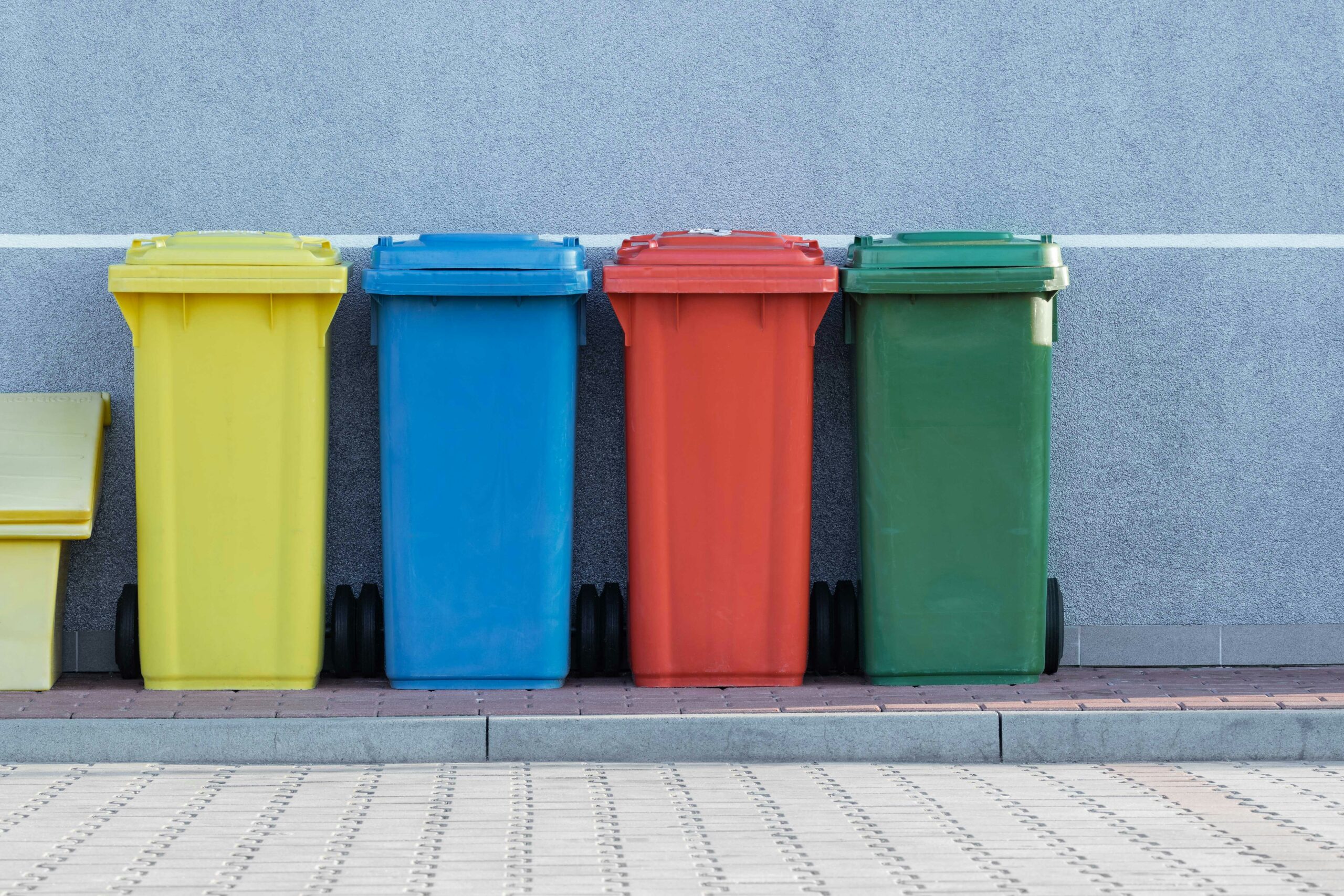 Row of coloured wheelie bins