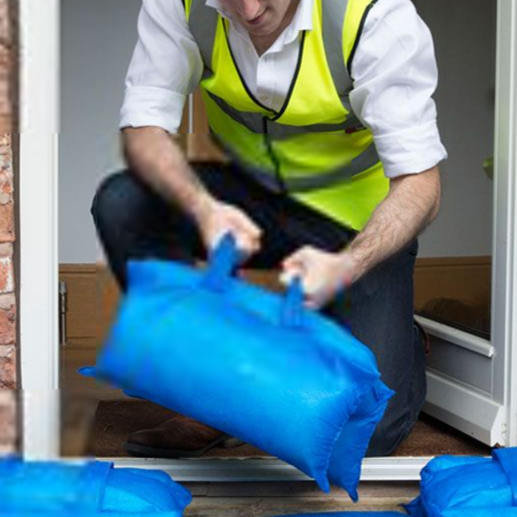 Man stacking blue hydrosacks across a doorway