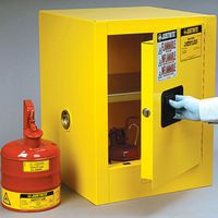 Small countertop flammable cabinet with 1 door being opened.