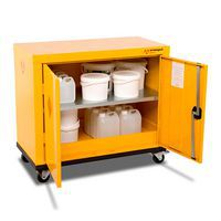 Mobile cabinet with 2 doors open filled with hazardous chemicals.
