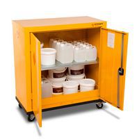 Mobile safestor cabinet filled with hazardous chemicals.
