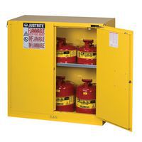 Yellow flammable storage cabinet with door open and canisters inside. Yellow flammable storage cabinet with door open and canisters inside.