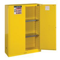 Flammable Storage Cabinet with one door open and 2 shelves.