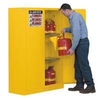 Flammable Storage Cabinet being filled by man with flammable canisters.