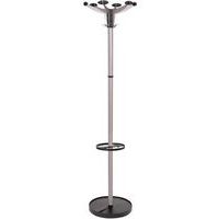 Hat & Coat Stand - Silver Metal Pole - Umbrella Hoops - 6 Hooks