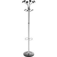 Hat & Coat Stand - Silver Metal Pole - Umbrella Hoops - 12 Hooks
