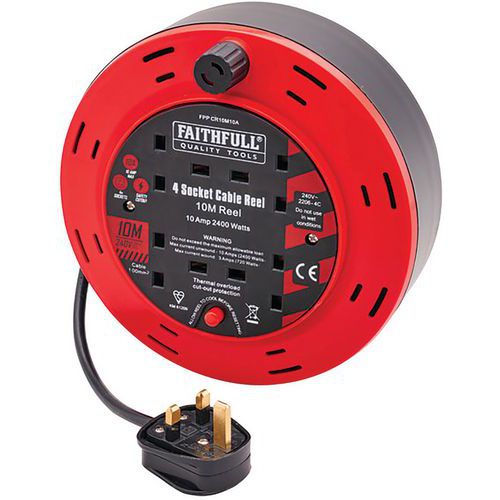 Faithfull Compact 10m 10A Hand Cable Reel - 4 Sockets - BS Approved