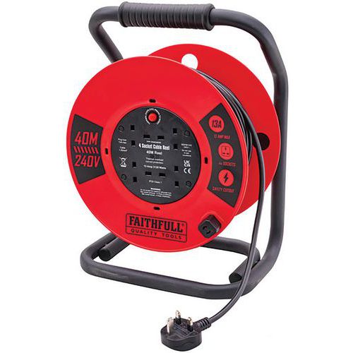 Faithfull 40m 13A Heavy Duty Cable Reel - 4 Sockets - Steel Frame