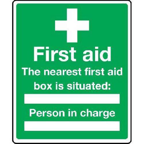 The Nearest First Aid Box Is Situated Sign