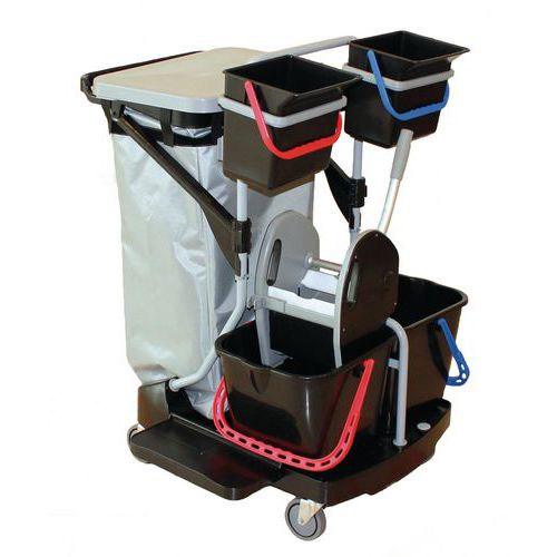 Janitor Cart/Cleaning Trolley - Four Buckets & 120 Litre Bin - Manutan