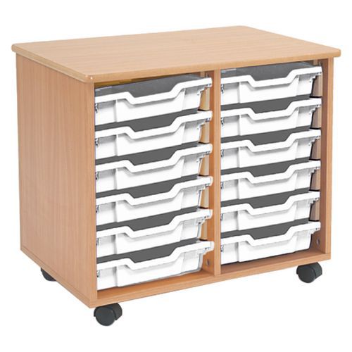 Mobile Melamine Storage Unit (635h x 705w) Complete With 12 Shallow Gratnells Trays