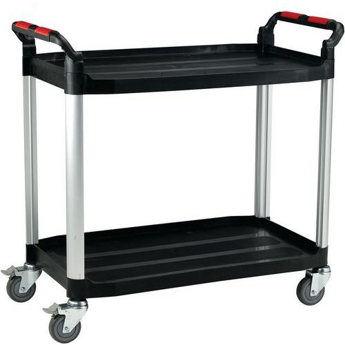 Plastic Tray Utility Trolley - 2 Shelves and Handles - Aluminium