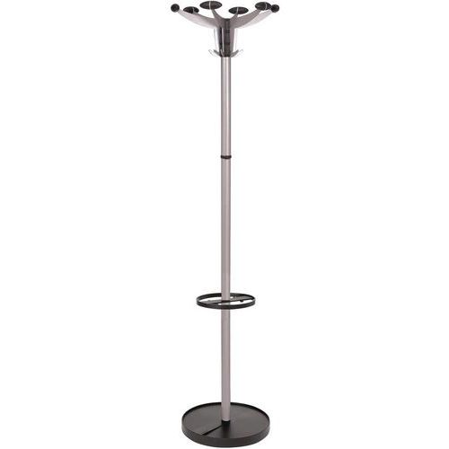 Hat & Coat Stand - Silver Metal Pole - Umbrella Hoops - 6 Hooks