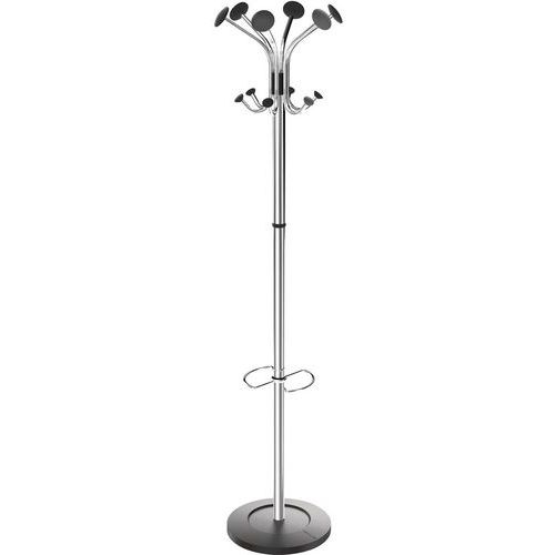 Hat & Coat Stand - Silver Metal Pole - Umbrella Hoops - 12 Hooks