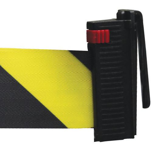 Wall attachment clip for belt barriers