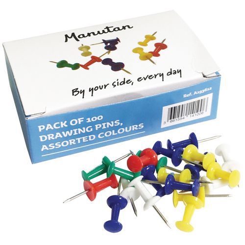 Drawing pins in assorted colours - Manutan (sold in packs of 100) Drawing pins in assorted colours - Manutan (sold in packs of 100)