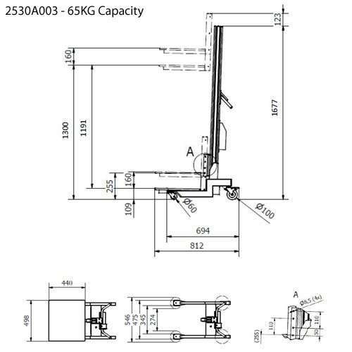 Technical specifications for 65 kg stacker.