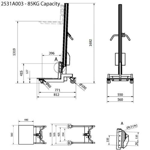 Technical specifications for 85 kg stacker.
