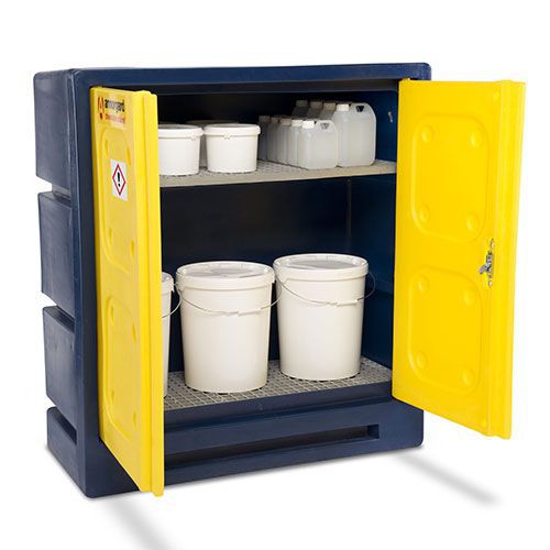 Plastic Chemcube storing hazardous chemicals on shelf. Plastic Chemcube storing hazardous chemicals on shelf.