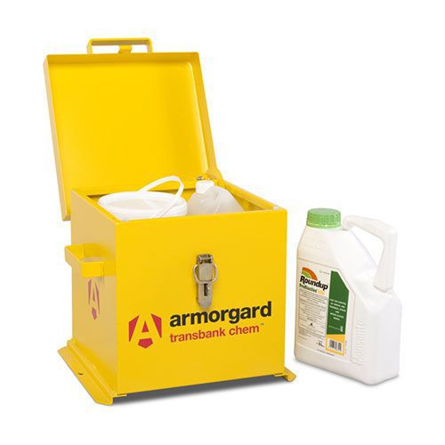 Transbank Chemical chest with lid open and hazardous chemicals inside. Transbank Chemical chest with lid open and hazardous chemicals inside.