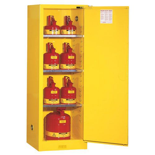 Slimline flammable storage cabinet filled with flammable canisters. Slimline flammable storage cabinet filled with flammable canisters.