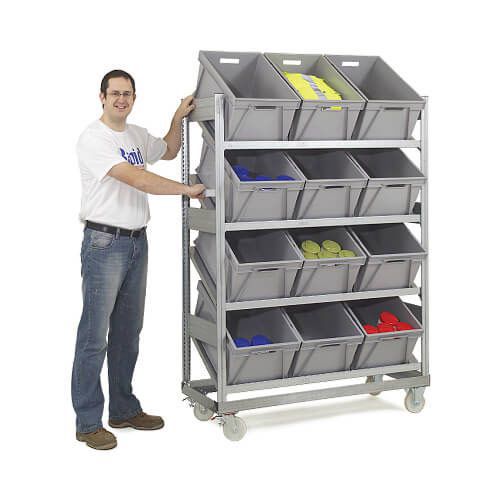 Mobile Galvanized Sloping Shelving (1815h x 1368w) With 12 Plastic Boxes Mobile Galvanized Sloping Shelving (1815h x 1368w) With 12 Plastic Boxes