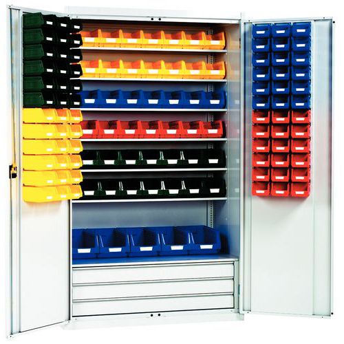 cabinet with fitted doors, kitted out with 6 shelves and 125 containers cabinet with fitted doors, kitted out with 6 shelves and 125 containers