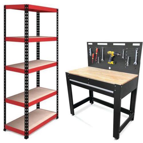 Garage Workstation Bundle - Sturdy Workbench & Peg Board - 5 Shelves Garage Workstation Bundle - Sturdy Workbench & Peg Board - 5 Shelves